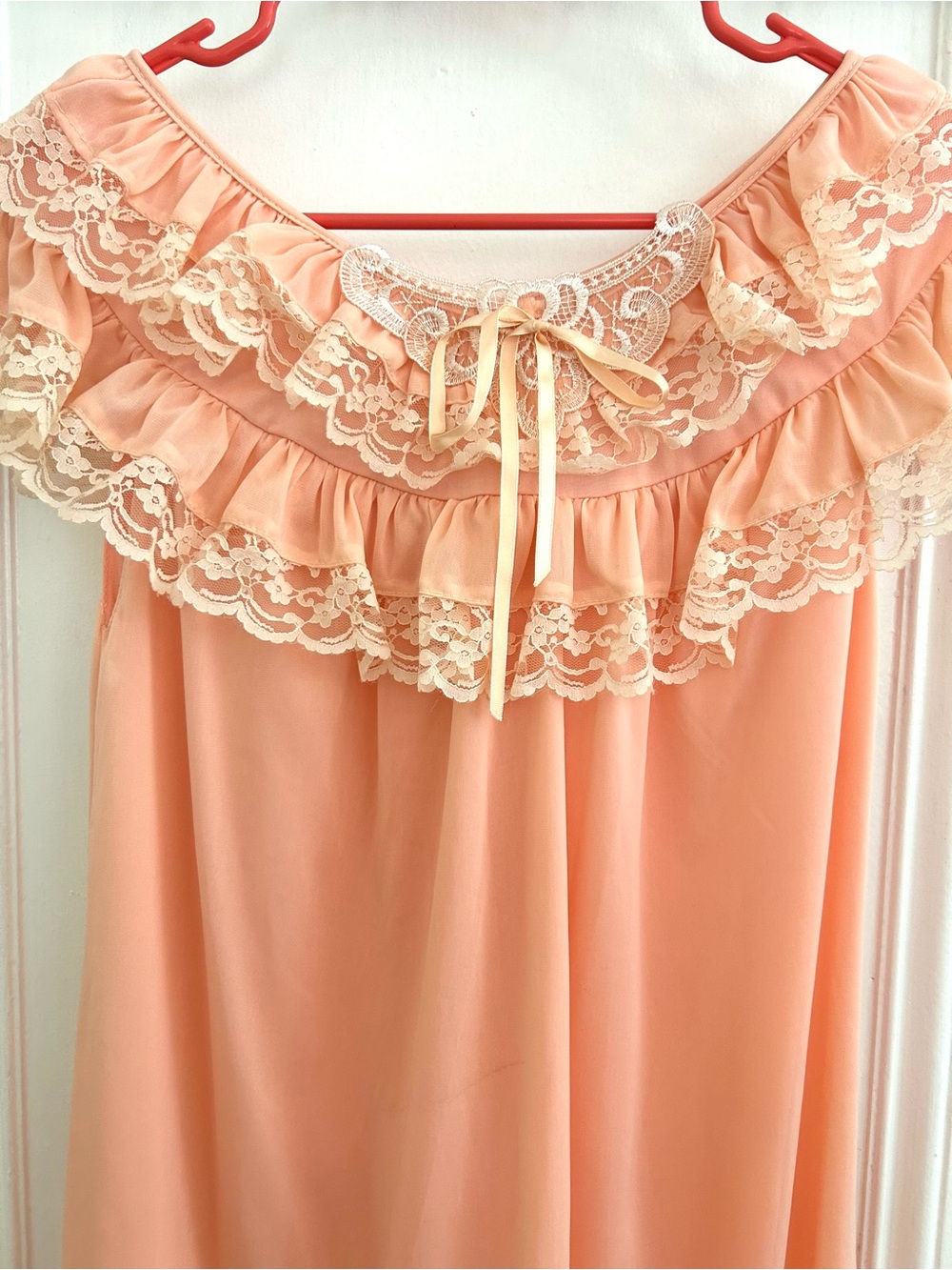 Vintage Peach Satin Chemise with Cream Lace Ruffles